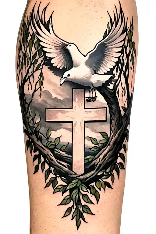 forearm tattoo with a dove on the top of the forearm and a cross on the wrist, with a willow tree behind the cross tattoo design idea