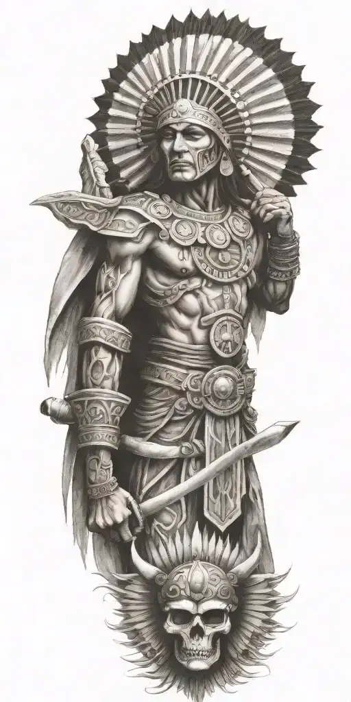 Aztecs warrior with Mexican flag morphing tattoo design idea