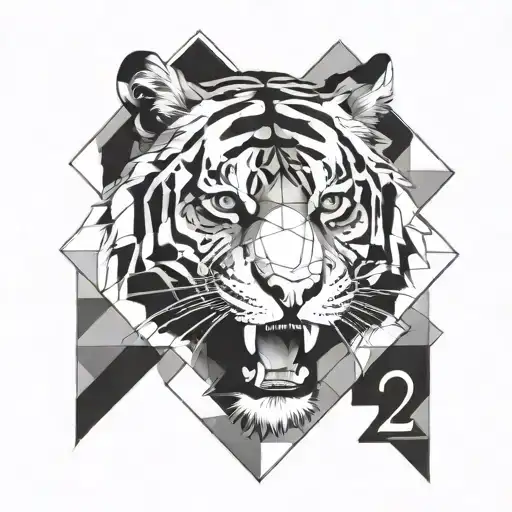 A sleek and modern geometric tiger face tattoo with a subtle reference to the client's favorite number '2' tattoo design idea