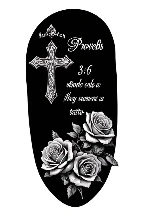 "Proverbs 3:5-6" Cross and roses tattoo design idea