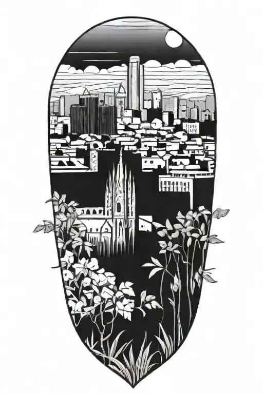 Barcelona skyline with Spanish plants tattoo design idea