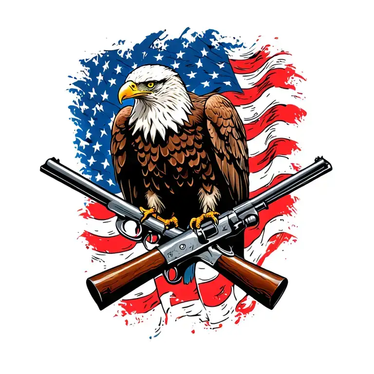 Bald Eagle perched on 2 old muskets crossed like an X with an American flag waving in the background. tattoo design idea
