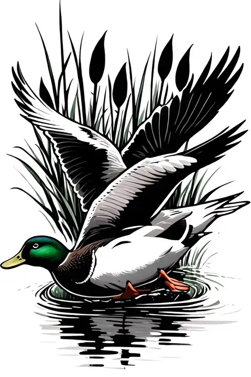 mallard duck flying with cattails in back ground tattoo design idea