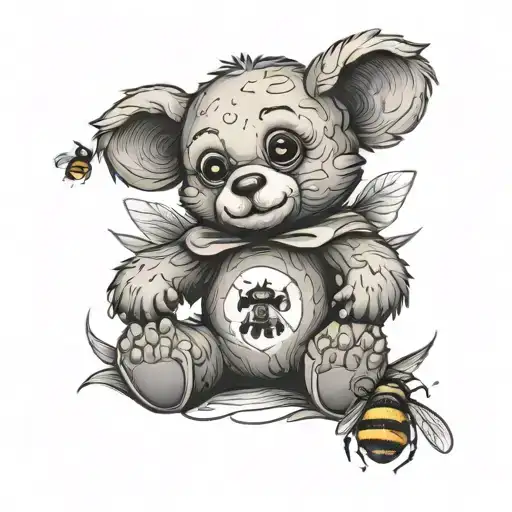 Teddy bear holding a bee sitting tattoo design idea
