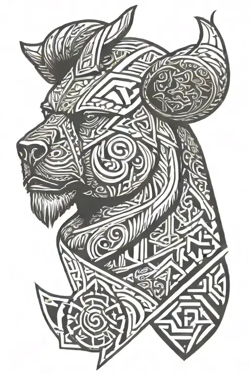 angry Viking bear head profile holding tattoo design idea
