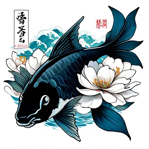 a koi fish swimming upwards, surrounded by magnolia flowers and Japanese kanji for "love" (愛), water waves tattoo design idea