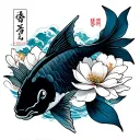 a koi fish swimming upwards, surrounded by magnolia flowers and Japanese kanji for "love" (愛), water waves tattoo design idea