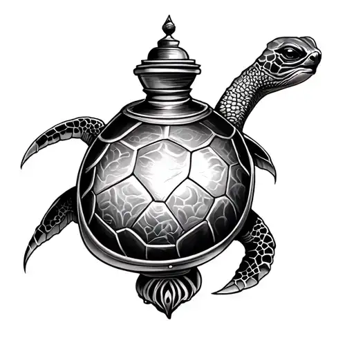 Genie lamp, sea turtle inside, smoke tattoo design idea