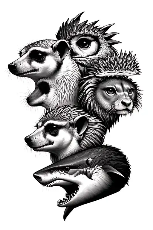 in a vertical line going down half sleeve have a meerkat bear dragon owl rat lion and a shark all just as heads in a row tattoo design idea