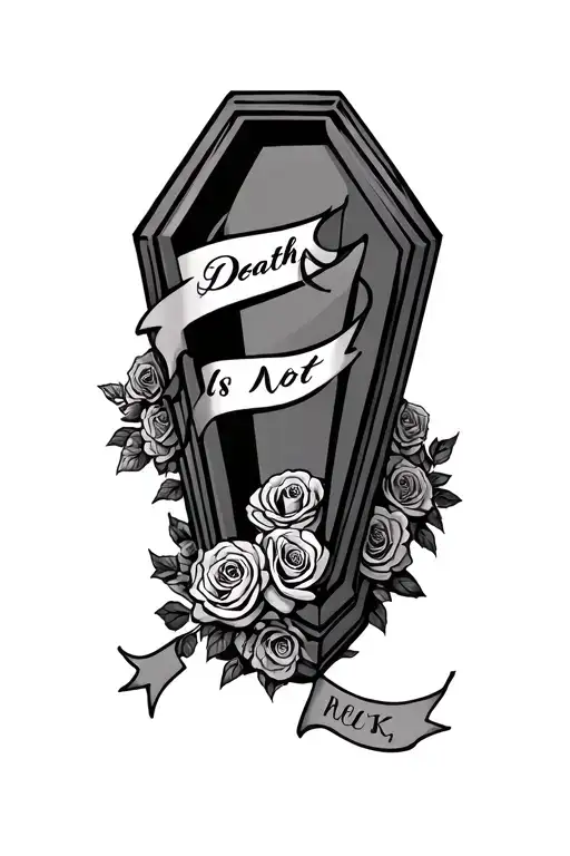 A Coffin on a bed of roses with a banner on the top of the coffin saying "Death Is Not" and a ribbon at the bottom sayin tattoo design idea