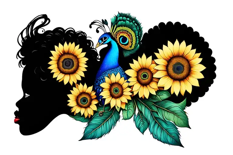 African goddess peacock sunflowers tattoo design idea