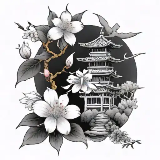 Planet Jupiter, Japanese cherry blossom, Torii, red spider lily tattoo design idea