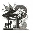 Planet Jupiter, Japanese cherry blossom, Torii, red spider lily tattoo design idea