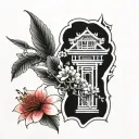 Planet Jupiter, Japanese cherry blossom, Torii, red spider lily tattoo design idea