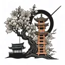 Planet Jupiter, Japanese cherry blossom, Torii, red spider lily tattoo design idea