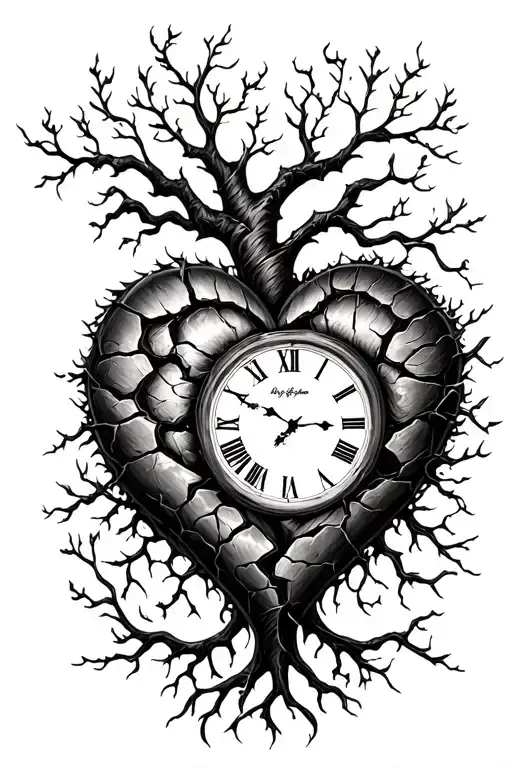broken heart shaped clock, loss, toxic family tree intertwined tattoo design idea