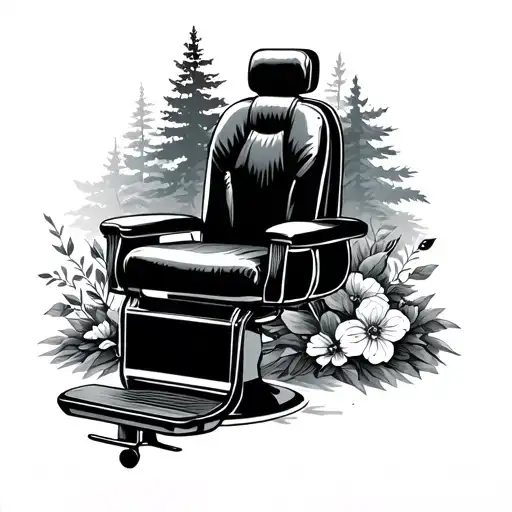 A barber chair surrounded by nature elements like trees and flowers tattoo design idea