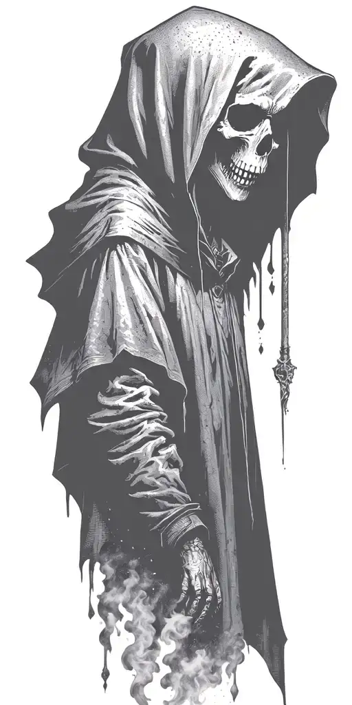 hooded reaper silohuette, smoke, fire, scary, bat wings tattoo design idea