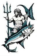 marine themed tattoo featuring Neptune and his trident and lots of game fish like sailfish, dorado, tuna, king Mackerel  tattoo design idea