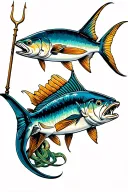 marine themed tattoo featuring Neptune and his trident and lots of game fish like sailfish, dorado, tuna, king Mackerel  tattoo design idea
