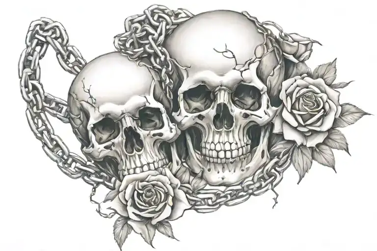burning skulls with chains and roses tattoo design idea