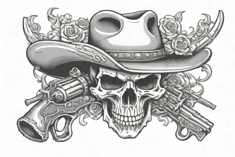 cowboy skull with pistols tattoo design idea