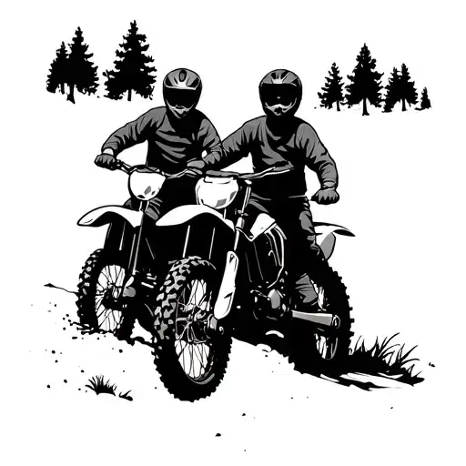 silhouette of a dad and his two sons on dirtbike on a trail tattoo design idea