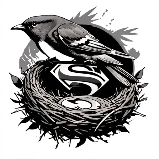 Robin bird and nest with Superman logo with wings natty 66 tattoo design idea