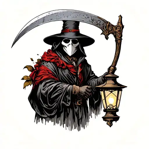 plague doctor with a scythe and lantern tattoo design idea