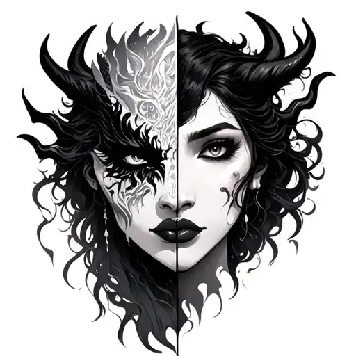 Demon Oni, half with a woman's face tattoo design idea