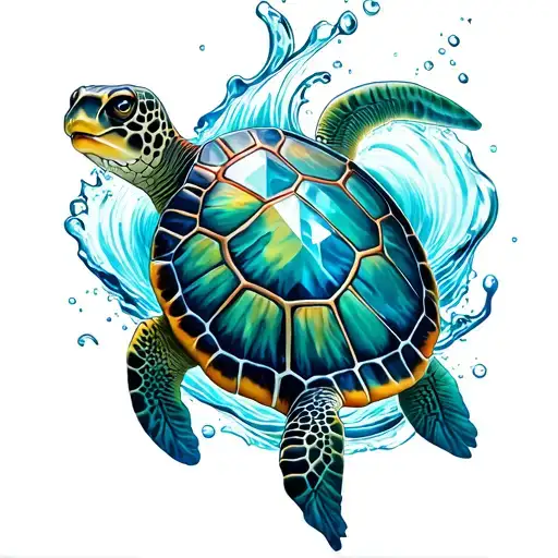 crystal turtle in water waves tattoo design idea