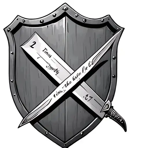 Shield with a sword going down the middle and "2 timothy 1:7" written in cursive diagonally in the shield  tattoo design idea