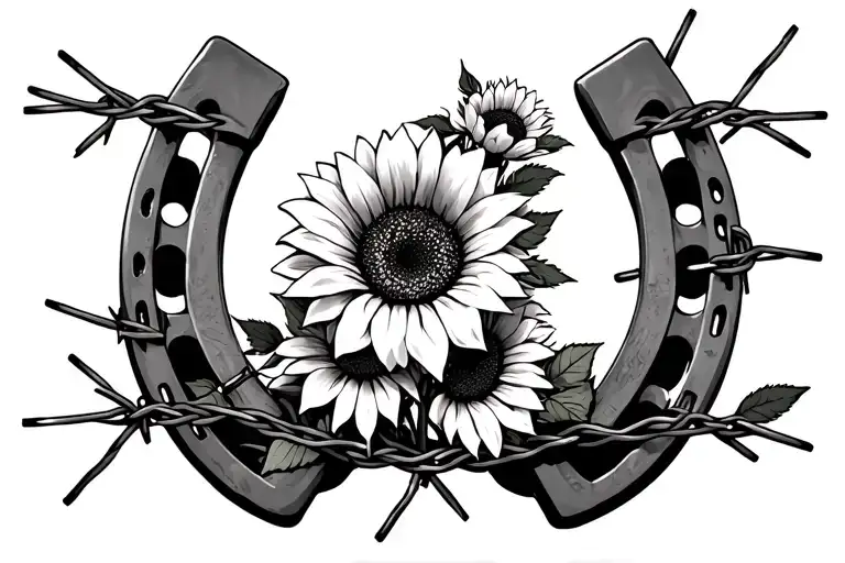 horse shoe with sunflowers and roses wrapped in barbed wire tattoo design idea