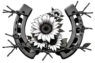 horse shoe with sunflowers and roses wrapped in barbed wire tattoo design idea