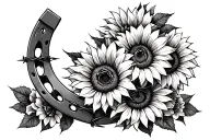 horse shoe with sunflowers and roses wrapped in barbed wire tattoo design idea
