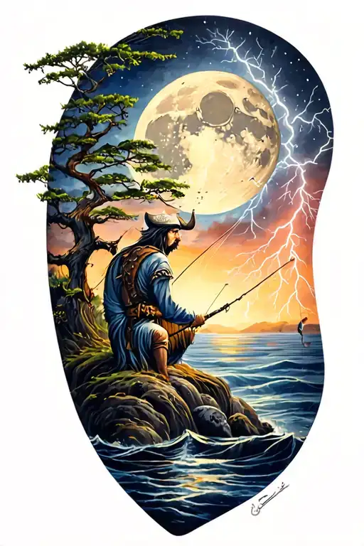 viking rume and moon and tree and lightning bolt striking and fishing tattoo design idea
