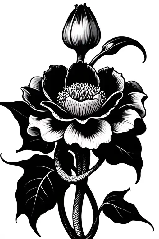art nouveau flower with snake intertwined around stem tattoo design idea