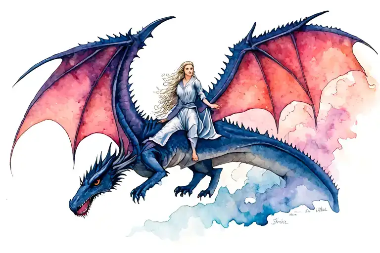 A tattoo based upon the scene in season 5 episode 9 of Game of Thrones, where Daenerys Targaryen escapes on Drogon. tattoo design idea
