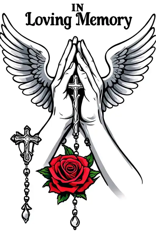"In Loving Memory" "In Loving Memory" Praying Hands, Rosary beads intertwined with cross, Wings, Realism, Rose tattoo design idea