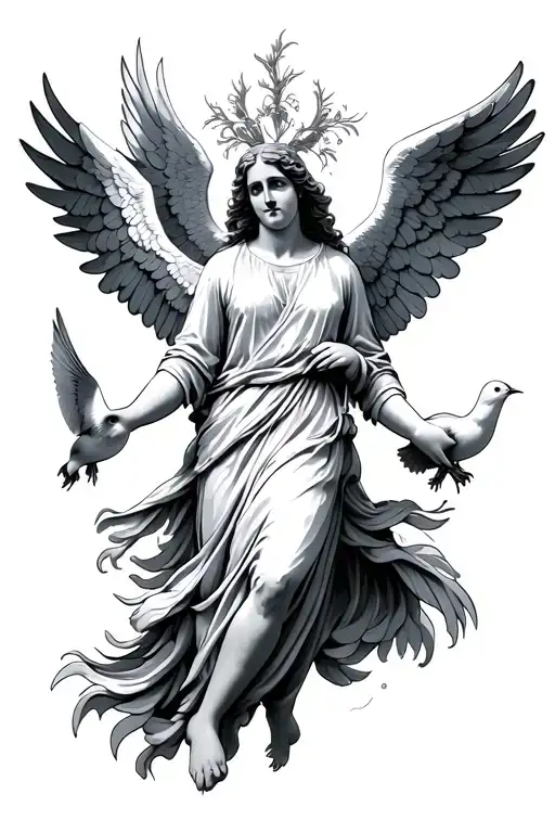 Guardian angel with two doves flying tattoo design idea