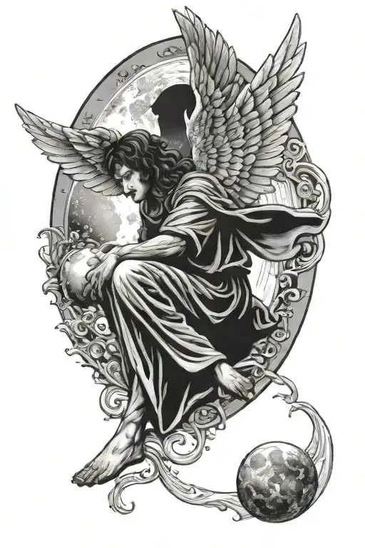 philosophers stone angel laying looking up at moon tattoo design idea