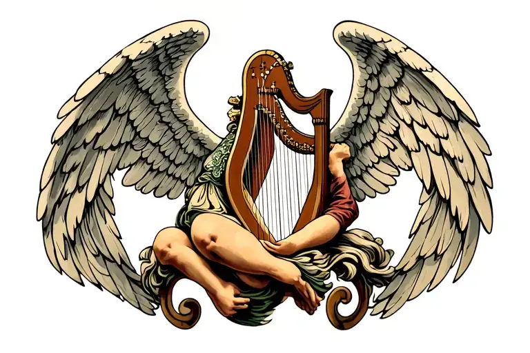 irish harp with angel tattoo design idea