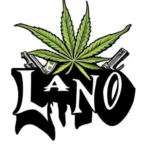 Create a finger tattoo that’s says “Lano” add weed, guns and money coming out of the letters  tattoo design idea