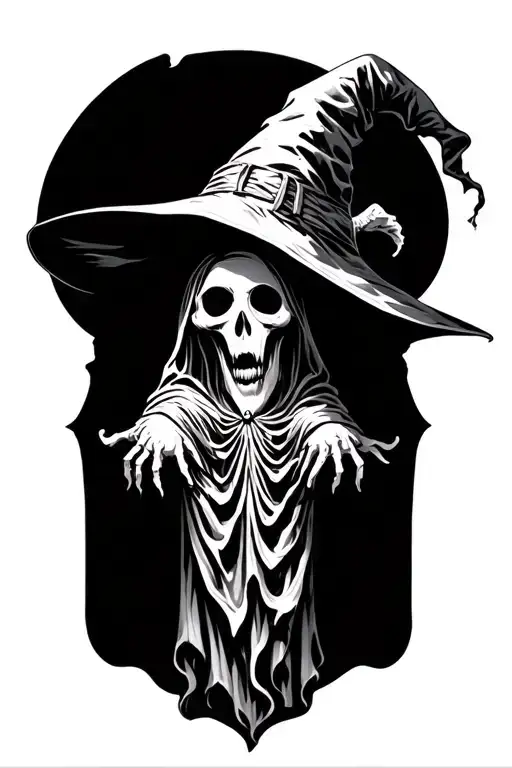 ghost with witch hat no background black and white tattoo design idea