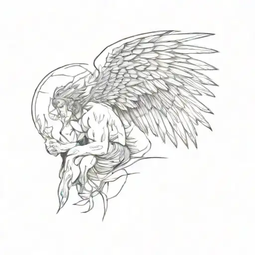 An muscular Angel with wings sitting with cracks coming out of his head tattoo design idea