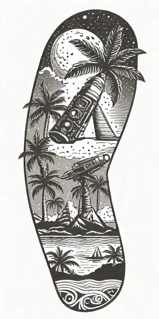 outer space, palm tree, galaxy, pyramid, shoal wintergreen dip can in the sand with a sunset, ray gun,  tattoo design idea