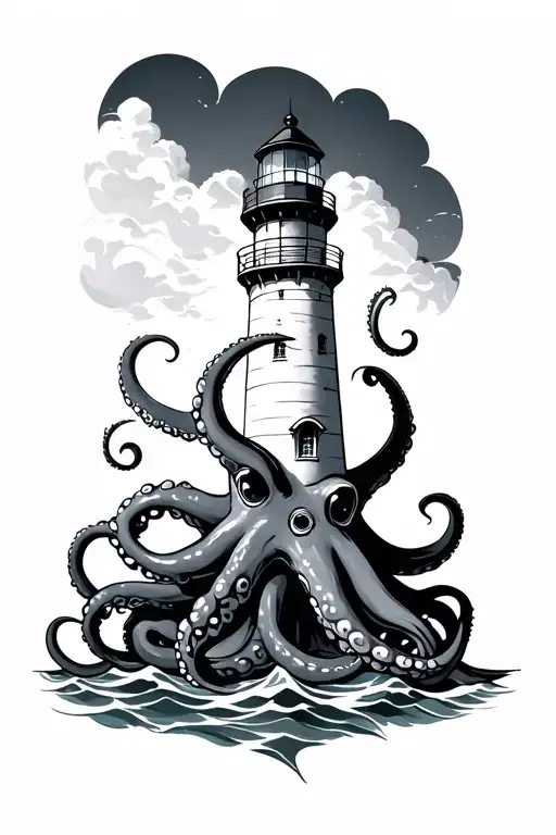 Lighthouse wrapped in octopus tattoo design idea