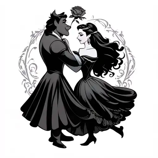 beauty and beast dancing together and incorporate a rose resembles Disney  tattoo design idea