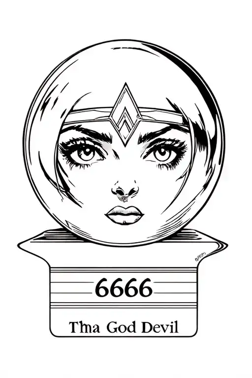 a clear crystal ball with wonder woman's eyes looking through it. below is a tarot card and it says 666 Tha God Devil. tattoo design idea
