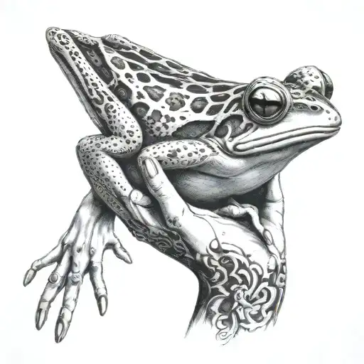 beautiful and dark woman holding a frog in her open hand and giving it a kiss tattoo design idea